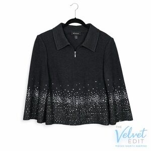 St. John Sport Charcoal Grey/Black Knit Zip Jacket Rhinestone Hem Size 12